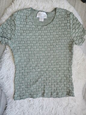 Daniel Laurent Sage Green Textured Knit Top Women Short Sleeve Casual🔥